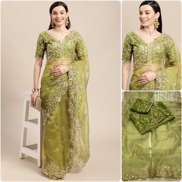 Olive Green Organza Sarees Sequinned Dori Embroidery Party Wedding Wear Wholesale Deals Latest Collection  Organza Sarees Wholesale