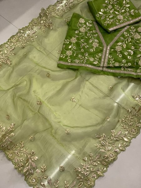 Olive Green Organza Sarees Sequinned Dori Embroidery Party Wedding Wear Wholesale Deals Latest Collection  Organza Sarees Wholesale