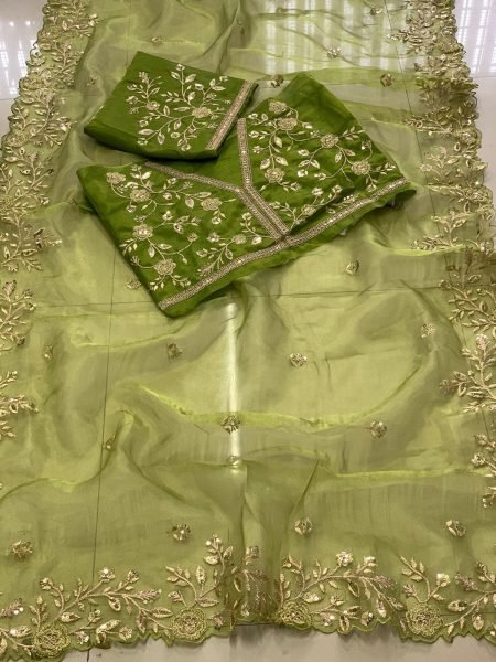 Olive Green Organza Sarees Sequinned Dori Embroidery Party Wedding Wear Wholesale Deals Latest Collection  Organza Sarees Wholesale