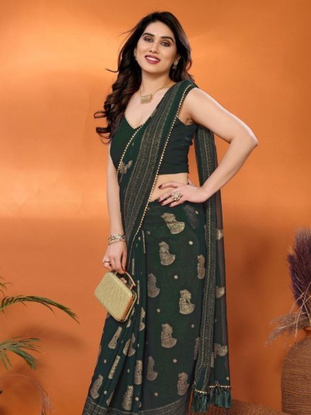 Olive Green Soft Georgette Saree with Foil Detailing and Samosa Lace for Celebration  Sarees 