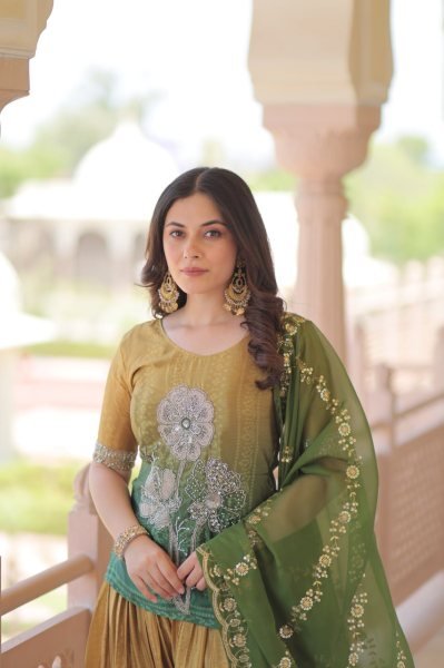 Olive Radiance Chinnon Sharara Suit Set with Zari Dupatta and Beads Embroidery Ideal for Mehendi Look  Ready To Wear Collection