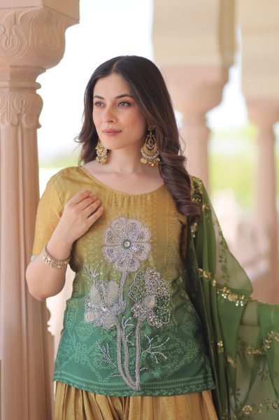 Olive Radiance Chinnon Sharara Suit Set with Zari Dupatta and Beads Embroidery Ideal for Mehendi Look  Ready To Wear Collection