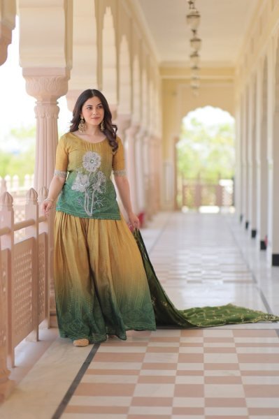 Olive Radiance Chinnon Sharara Suit Set with Zari Dupatta and Beads Embroidery Ideal for Mehendi Look  Ready To Wear Collection