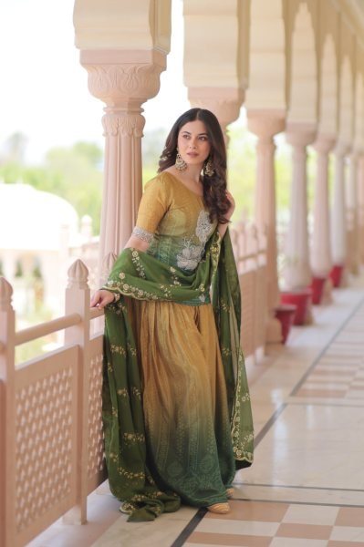 Olive Radiance Chinnon Sharara Suit Set with Zari Dupatta and Beads Embroidery Ideal for Mehendi Look  Ready To Wear Collection