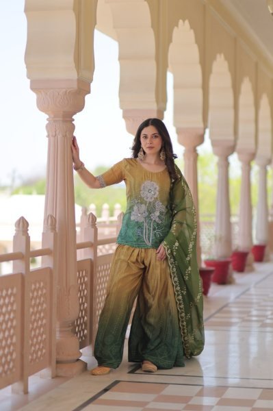 Olive Radiance Chinnon Sharara Suit Set with Zari Dupatta and Beads Embroidery Ideal for Mehendi Look  Ready To Wear Collection