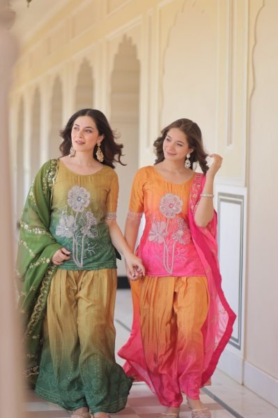 Olive Radiance Chinnon Sharara Suit Set with Zari Dupatta and Beads Embroidery Ideal for Mehendi Look  Ready To Wear Collection