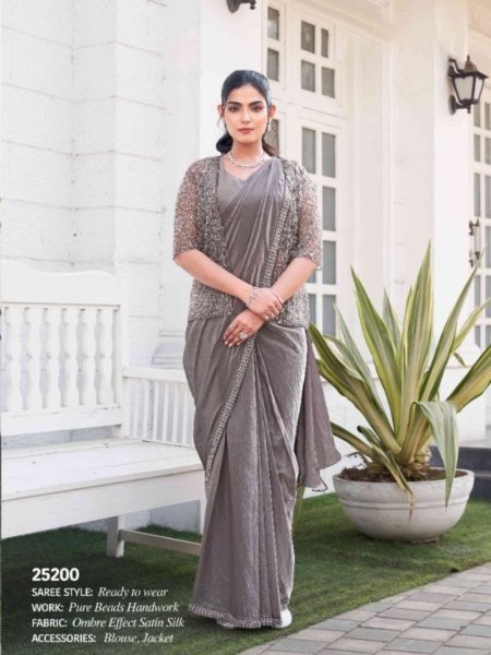 Ombre Effect Satin Silk Beads Handwork Ready to Wear Wedding   Party Wear Saree With Designer Jacket 
