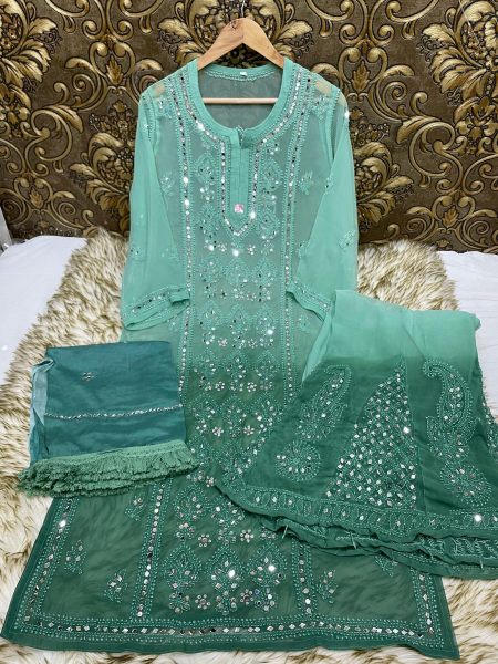 Ombre Pannel Mirror Sharara Duppata Set With Handmade Embroidery Work Lucknowi Chikankari Kurtis Wholesale