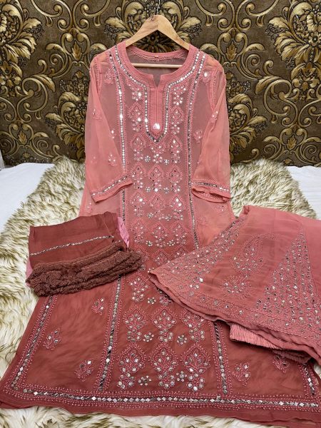 Ombre Pannel Mirror Sharara Duppata Set With Handmade Embroidery Work Lucknowi Chikankari Kurtis Wholesale