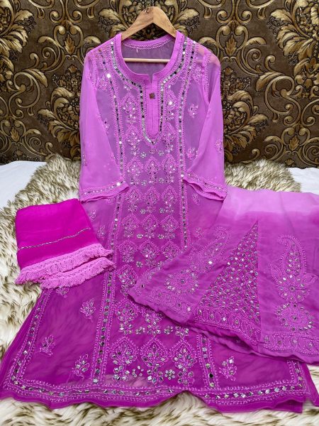 Ombre Pannel Mirror Sharara Duppata Set With Handmade Embroidery Work Lucknowi Chikankari Kurtis Wholesale