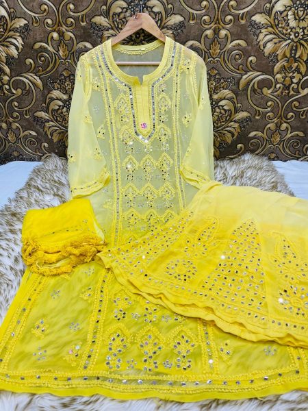 Ombre Pannel Mirror Sharara Duppata Set With Handmade Embroidery Work Lucknowi Chikankari Kurtis Wholesale