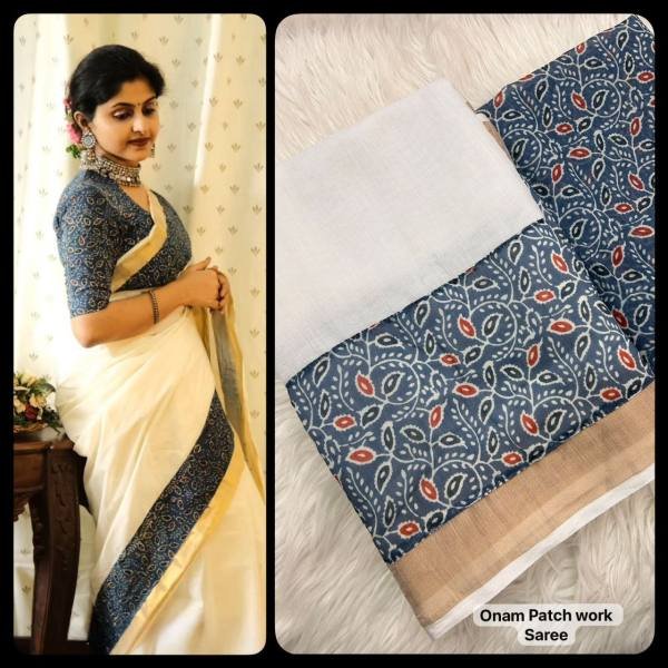 Onam Special Kerala Soft Linen Saree with Golden Border   Patch Work For Woman Linen Sarees Wholesale