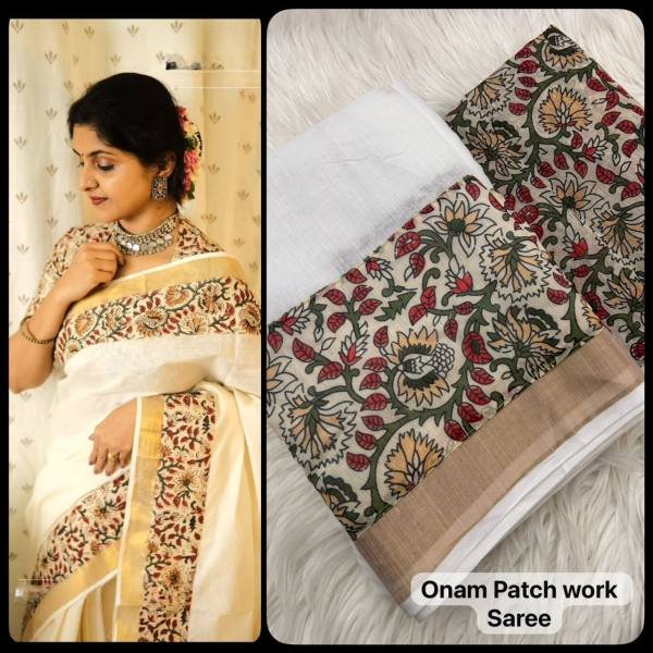 Onam Special Kerala Soft Linen Saree with Golden Border   Patch Work For Woman Linen Sarees Wholesale