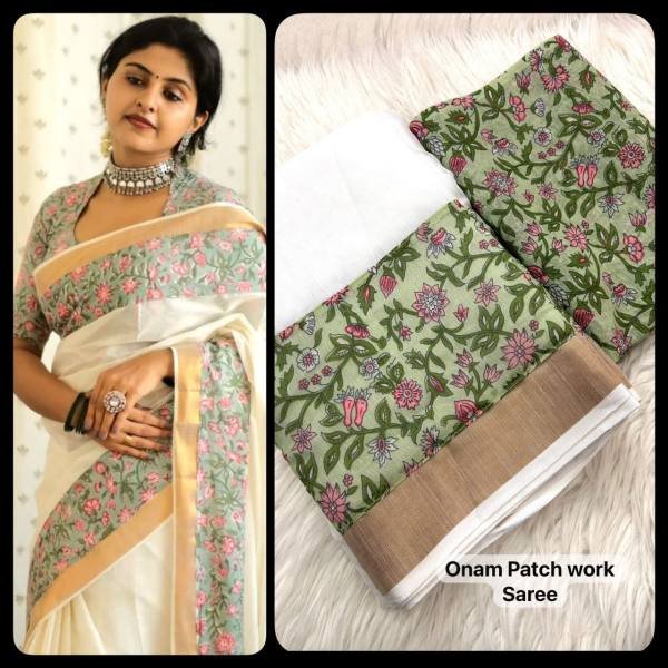 Onam Special Kerala Soft Linen Saree with Golden Border   Patch Work For Woman Linen Sarees Wholesale