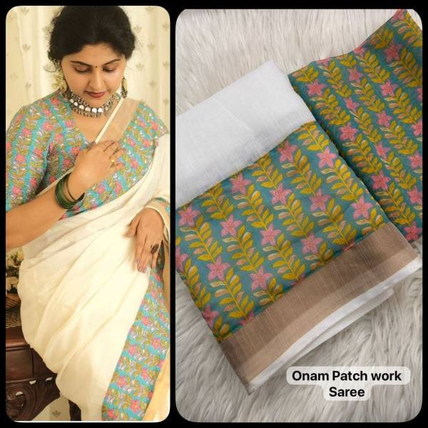 Onam Special Kerala Soft Linen Saree with Golden Border   Patch Work For Woman Linen Sarees Wholesale