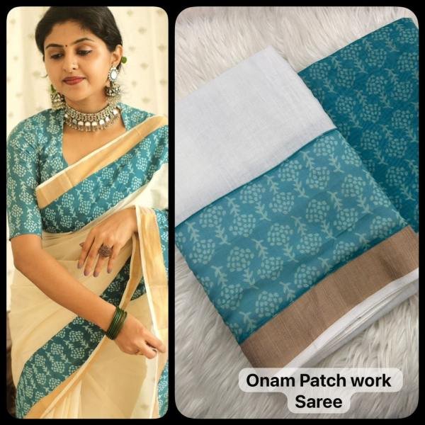 Onam Special Kerala Soft Linen Saree with Golden Border   Patch Work For Woman Linen Sarees Wholesale