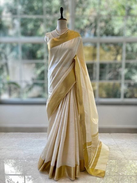 Onam Special Semi Tusser Silk Saree with zari Border Wholesale Deal 