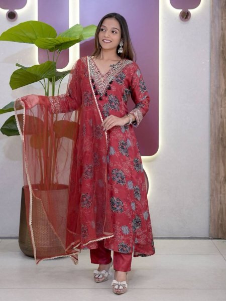 Opalescent Red Digital Print Modal Satin Salwar Suit with Lace Border Dupatta for Casual Wear