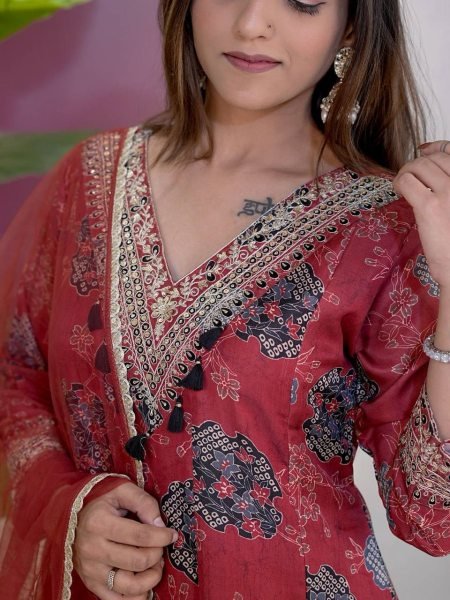 Opalescent Red Digital Print Modal Satin Salwar Suit with Lace Border Dupatta for Casual Wear Anarkali Kurtis 