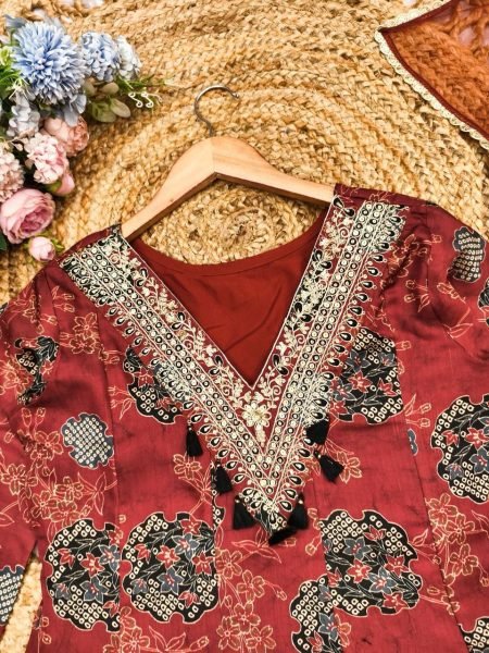Opalescent Red Digital Print Modal Satin Salwar Suit with Lace Border Dupatta for Casual Wear Anarkali Kurtis 