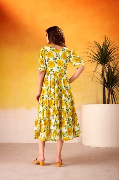 Opalescent Yellow Floral Printed Vichitra Silk Frock with Micro Crepe Lining for resellers Printed Kurtis