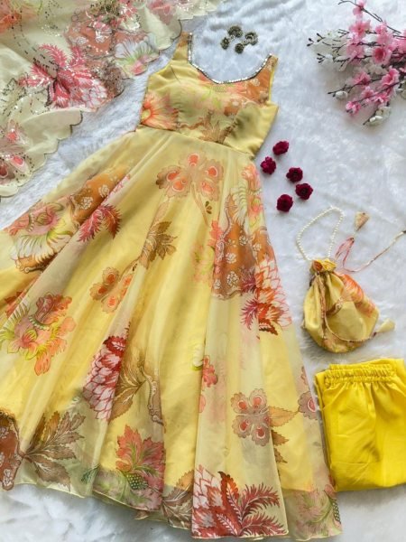 Opulence Yellow Organza Anarkali Suit with Matching Pant and Dupatta for Exporters 