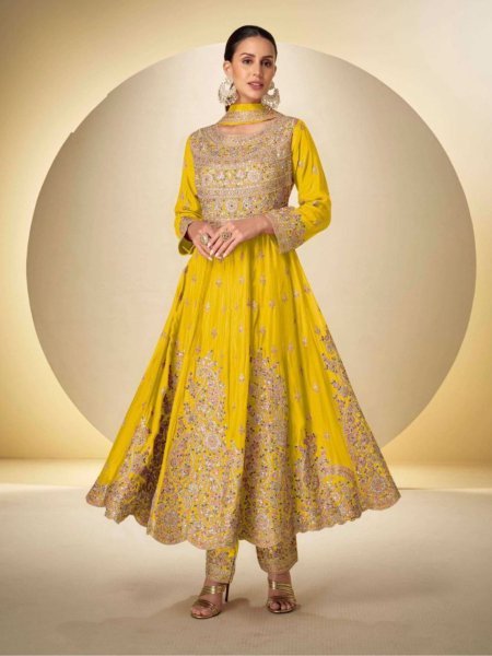 Opulence Yellow Rasbari Chinon Anarkali with Plazzo and Dupatta at Manufacturer Rate Salwar Kameez