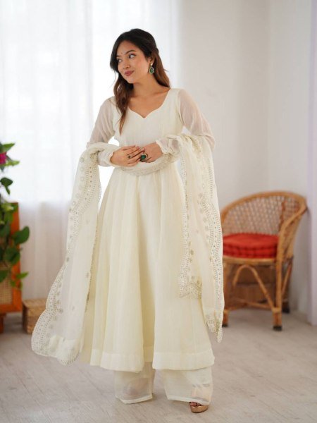 Opulent White Fully Stitch Gown with Matching Bottom and Dupatta for Wedding Wear  Kurtis