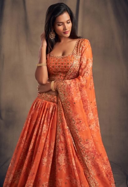 Orange  Floral Roses Printed Lehenga Choli Designer Lehenga Choli