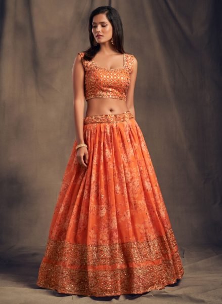 Orange  Floral Roses Printed Lehenga Choli Designer Lehenga Choli
