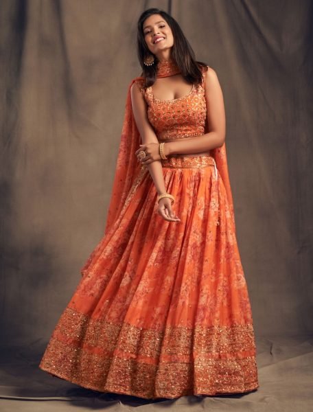 Orange  Floral Roses Printed Lehenga Choli Designer Lehenga Choli