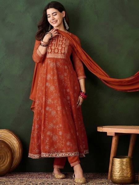 Orange Georgette Anarkali Kurta Set with Foil Print & Embroidery For Diwali Printed Kurtis