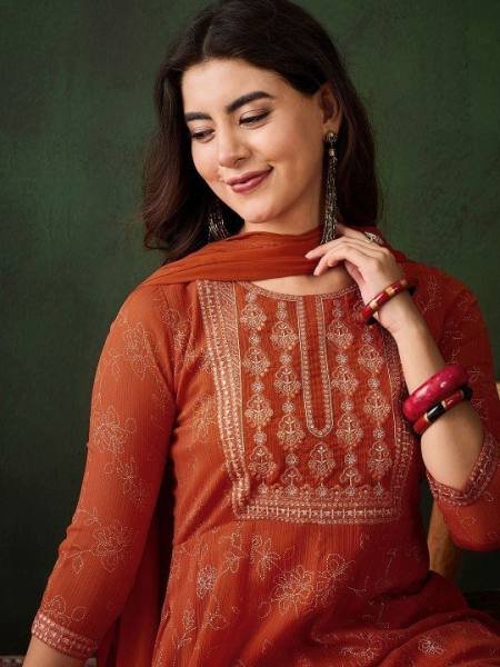 Orange Georgette Anarkali Kurta Set with Foil Print & Embroidery For Diwali Printed Kurtis