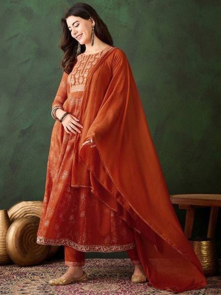Orange Georgette Anarkali Kurta Set with Foil Print & Embroidery For Diwali Printed Kurtis