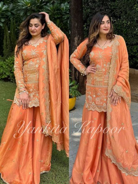 Orange Heavy Chinon Silk Plazzo Suits With Embroidery Work  Ready To Wear Suit