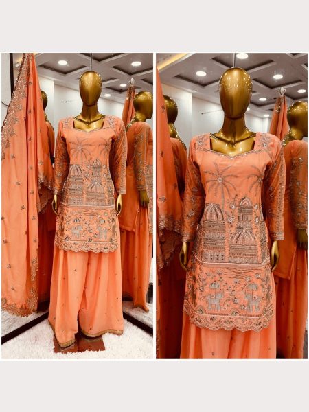 Orange Heavy Chinon Silk Plazzo Suits With Embroidery Work  Ready To Wear Collection