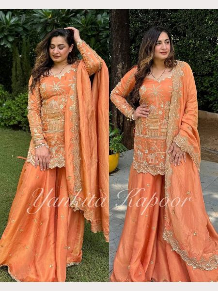 Orange Heavy Chinon Silk Plazzo Suits With Embroidery Work  Ready To Wear Collection