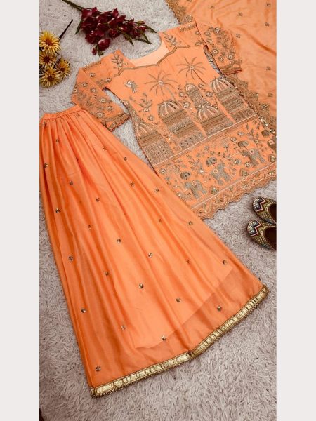 Orange Heavy Chinon Silk Plazzo Suits With Embroidery Work  Ready To Wear Collection