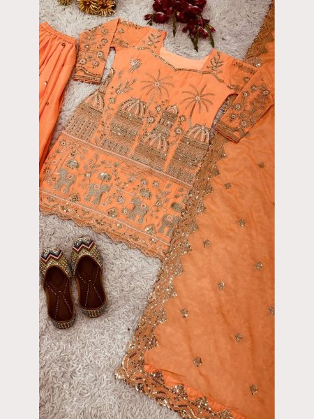 Orange Heavy Chinon Silk Plazzo Suits With Embroidery Work  Ready To Wear Collection