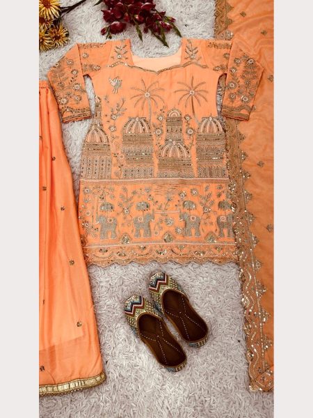 Orange Heavy Chinon Silk Plazzo Suits With Embroidery Work  Ready To Wear Collection