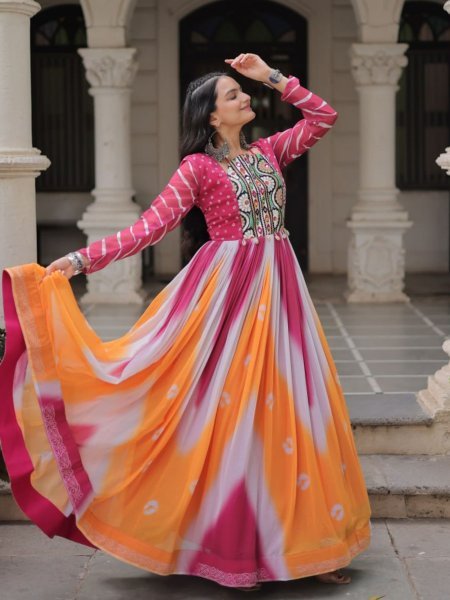 Orange Pink Faux Georgette Bandhej Gown with Gamthi Embroidery Festive Celebration Wear 
