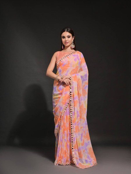 Orange Prizam Print Embroidered Georgette Saree Set at Best Price in Surat Pure Chiffon Sarees Wholesale