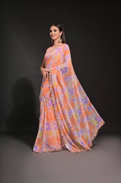 Orange Prizam Print Embroidered Georgette Saree Set at Best Price in Surat Pure Chiffon Sarees Wholesale