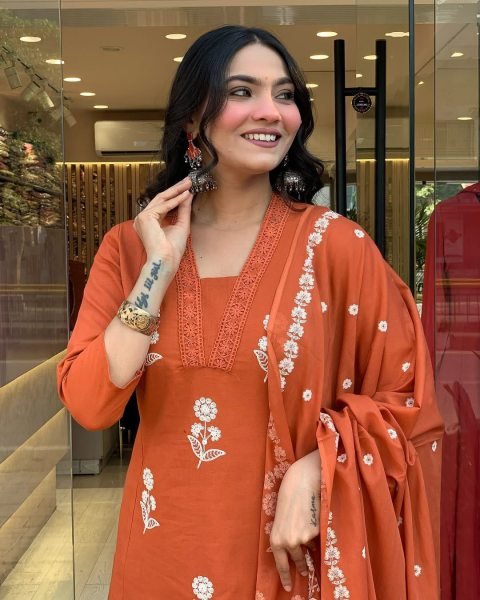 Orange Ready to Wear Embroidered Work Kurti with Straight Pant and Malmal Dupatta for Reseller  Anarkali Kurtis 