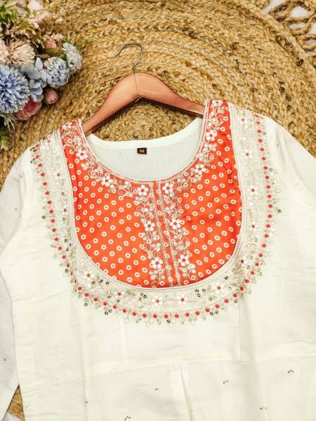 Orange Roman Silk Palazzo Set with Detailed Embroidery Festive Diwali Outfit Kurti With Bottom Wholesale