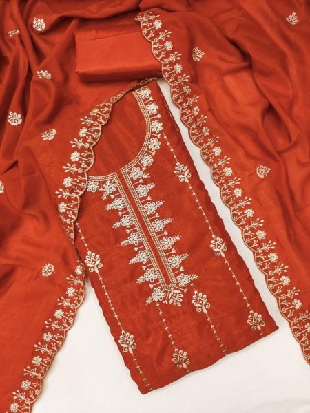 Orange Vichitra Silk Dress Material with Multi Work and Santoon Bottom Festive Collection Color Set Matching Dress Material Wholesale