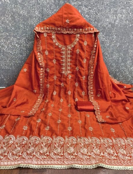 Orange Vichitra Silk Dress Material with Multi Work and Santoon Bottom Festive Collection Color Set Matching Dress Material Wholesale
