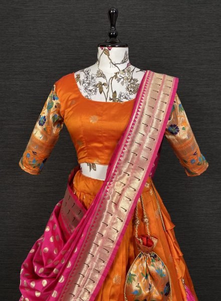 Orange Wedding Wear Jacquard Lehenga Choli with Zari Weaving Work   Matching Dupatta Half Saree Lehenga