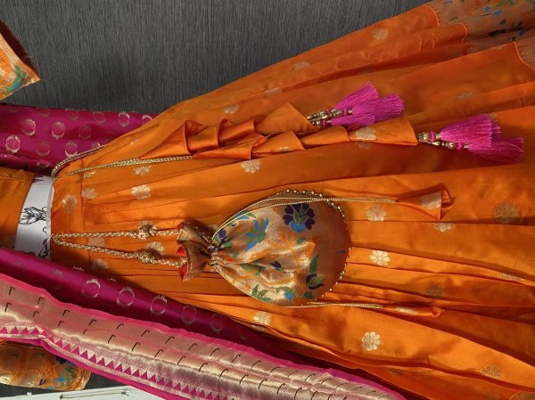 Orange Wedding Wear Jacquard Lehenga Choli with Zari Weaving Work   Matching Dupatta Half Saree Lehenga