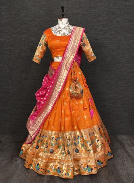 Orange Wedding Wear Jacquard Lehenga Choli with Zari Weaving Work   Matching Dupatta Half Saree Lehenga